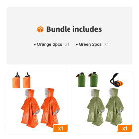 2pcs Emergency Blanket Poncho; Ultralight Waterproof Thermal (Color: Orange 2pcs+Green 2pcs)